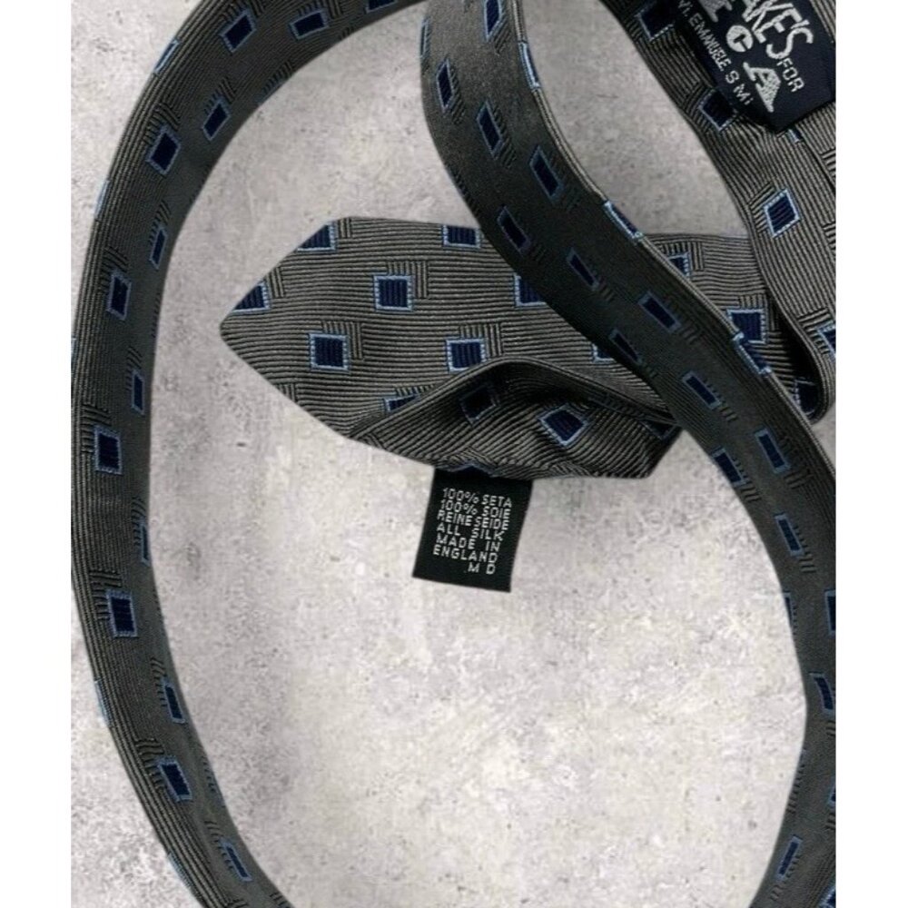 DRAKE'S Silk Tie ENGLAND XL Gray Navy Blue Geometric W:3.6" EUC - Picture 3 of 5